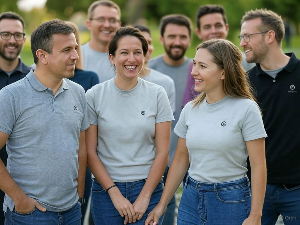 Beitragsbild für Freizeitkleidung für Unternehmen. Eine Gruppe von Menschen, die T-Shirts und Poloshirts mit gleichem Firmenaufdruck tragen.